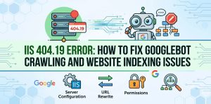 Illustration explaining how to fix the IIS 404.19 error affecting Googlebot crawling and website indexing, featuring IIS server configurations, URL rewrite icons, and Googlebot visual elements.