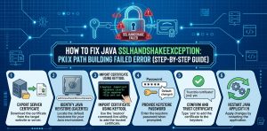 A technical step-by-step infographic titled "How to Fix Java SSLHandshakeException: PKIX Path Building Failed Error". The graphic features a dark cyan background with circuit patterns, a locked SSL icon, and 6 steps: 1. Export Server Certificate (cert.cer), 2. Identify Java Keystore (cacerts), 3. Import Certificate Using Keytool (keytool -importcert), 4. Provide Keystore Password (changeit), 5. Confirm and Trust Certificate, and 6. Restart Java Application.