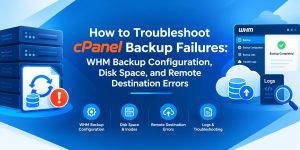ActSupport guide to troubleshooting cPanel backup failures, covering WHM backup configuration, disk space and inode issues, remote destination errors, and backup log analysis.