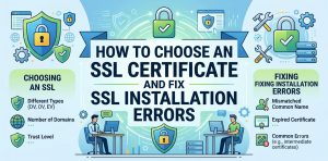 How to Choose an SSL Certificate and Fix SSL Installation Errors" featuring web security icons, SSL lock shields, and server troubleshooting illustrations.