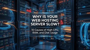 Blog banner with title "Why Is Your Web Hosting Server Slow? 10 Causes of High CPU, RAM, and Disk Usage" centered over a server room with glowing blue cables and performance monitors.
